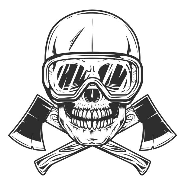 Skull in safety glasses and crossed metal ax with handle made of wood. Element for business woodworking or lumberjack emblem or icon. Wooden axe construction builder tool. Skull in safety glasses and crossed metal ax with handle made of wood. Element for business woodworking or lumberjack emblem or icon. Wooden axe construction builder tool. axe throwing logo stock illustrations