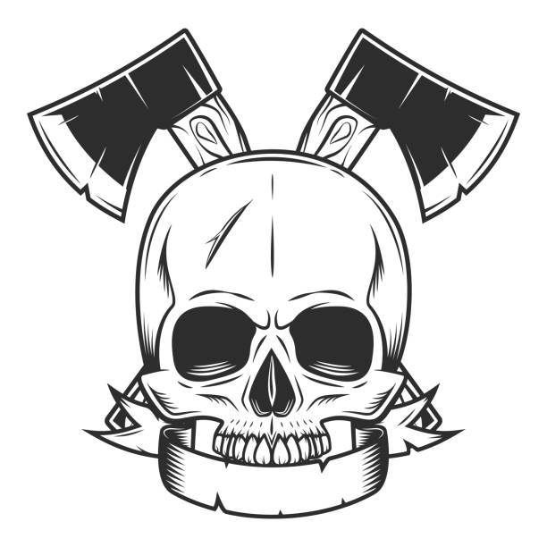 Half skull and crossed metal ax with handle made of wood. Wooden axe construction builder tool. Element for business woodworking or lumberjack emblem or icon with ribbon. Half skull and crossed metal ax with handle made of wood. Wooden axe construction builder tool. Element for business woodworking or lumberjack emblem or icon with ribbon. axe throwing logo stock illustrations