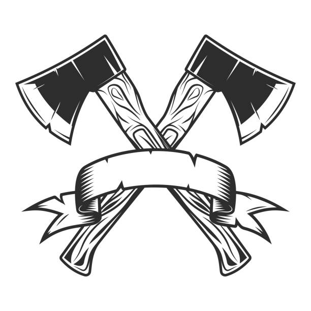 Crossed metal ax with handle made of wood and ribbon. Wooden axe construction builder tool. Element for business woodworking or lumberjack emblem or icon. Crossed metal ax with handle made of wood and ribbon. Wooden axe construction builder tool. Element for business woodworking or lumberjack emblem or icon. axe throwing logo stock illustrations