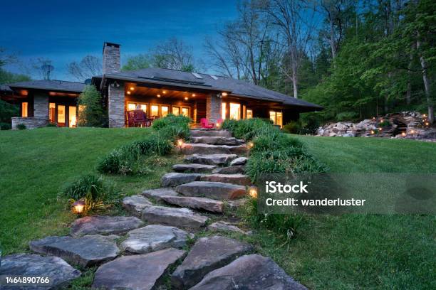 Prairie Style House At Night Stock Photo - Download Image Now - Illuminated, Outdoors, Back Yard