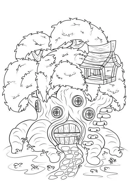 Vector illustration of Fairy house in a tree trunk.
