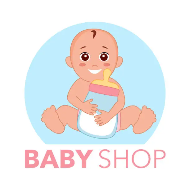 Vector illustration of Baby shop logo concept. Cute infant baby with giant milk bottle in flat design.