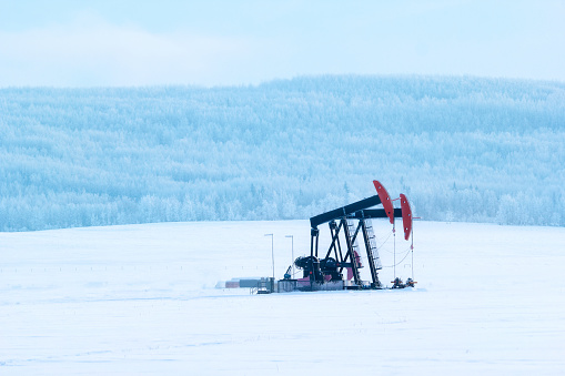 Beautiful winter landscape in prairies. Pumpjack in the middle of agricultural white field and the forest on hills covered with snow.