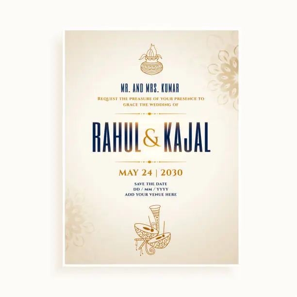 Vector illustration of bridal and groom love story wedding announcement card in indian style