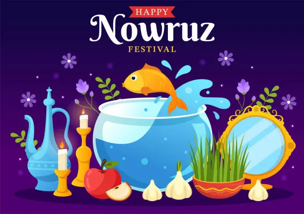 Vector illustration of Happy Nowruz Day or Iranian New Year Illustration with Grass Semeni and Fish for Web Banner or Landing Page in Flat Cartoon Hand Drawn Templates