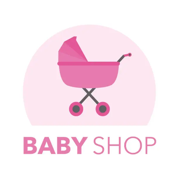 Vector illustration of Baby shop logo concept vector illustration. Pink baby stroller in flat design.