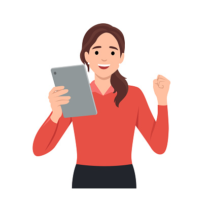 Young woman wxcited celebrating using mobile phone or tablet or gadget. Flat vector illustration isolated on white background