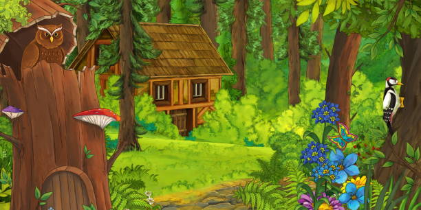숲과 성에 있는 오래된 집이 있는 만화 자연 장면 - castle fairy tale palace forest stock illustrations