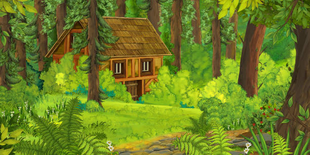 illustrations, cliparts, dessins animés et icônes de scène de bande dessinée avec montagnes et vallée avec ferme cachée dans la forêt illustration pour enfants - house rural scene field residential structure