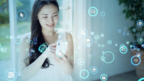 istock Mobile communication technology concept. Young asian woman using a smart phone. Mobile app. 1464905972