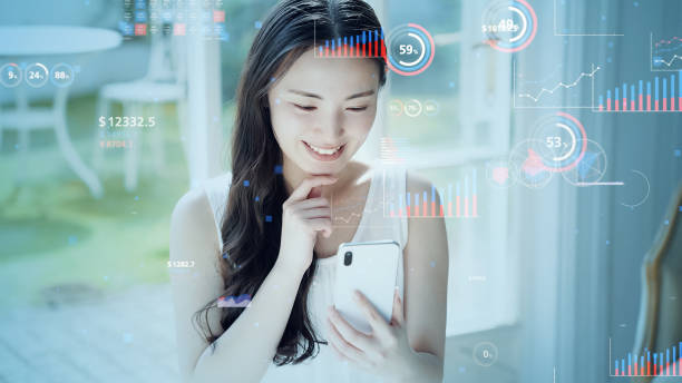 istock Mobile communication technology concept. Young asian woman using a smart phone. Business statistics. 1464906691
