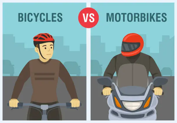 Vector illustration of Bicycles vs motorbikes: which is better on roads. Safe driving tips and traffic regulation rules. Close-up of motorcycle rider and cyclist.