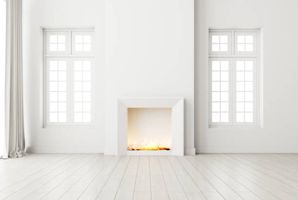 istock Minimal style empty white room Furnished with a modern fireplace with flames 3d render 1464909466