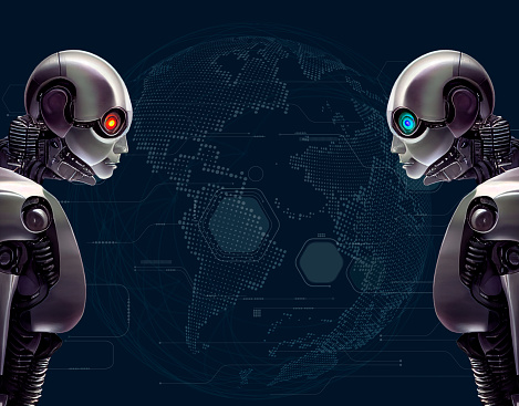Two robot artificial intelligence beings face each other to see who will reign supreme. Competitiveness. Market Share. AI Technology. Artificial Intelligence search.