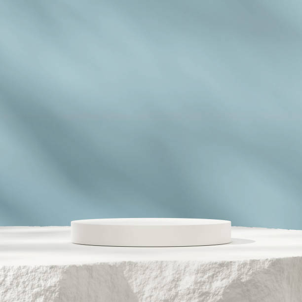 3d rendering mockup of white cylinder podium in square with minimal light blue background 3d rendering mockup of white cylinder podium in square with minimal light blue background table ledge stock pictures, royalty-free photos & images