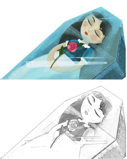 cartoon girl princess sleeping illustration cartoon scene with girl princess sleeping in coffin illustration for children minion smile stock illustrations