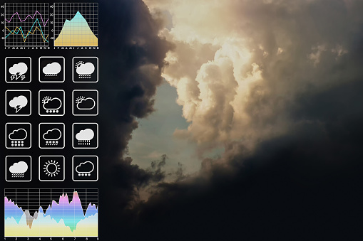 Weather forecast symbol data presentation with graph and chart on dramatic tropical storm clouds and summer bright sky for meteorology report background.