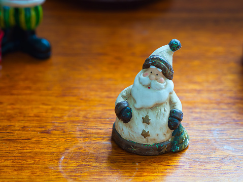 A traditional white Father Christmas figurine showing his pokey red chicks, white coat and brown gloves on a blurred background.