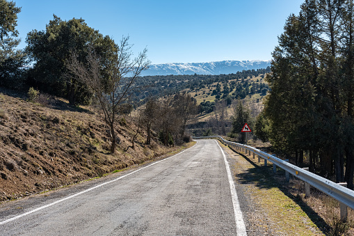 Mountain road that winds through the forest towards the snowy mountains next to the village of Pedraza, Segovia
