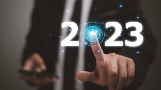 istock Business touching icon power on the 2023 virtual screen.ideas success and target and plan concept. 1464922570