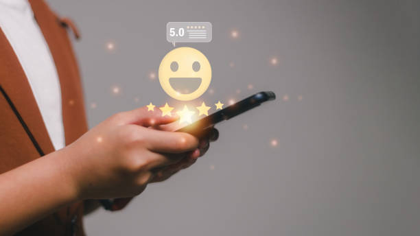 istock Customer satisfaction concept. Positive emotion happy smile face five star and crown with copy space, feedback, service, survey, standard quality. User give rating to service experience, certification 1464923201
