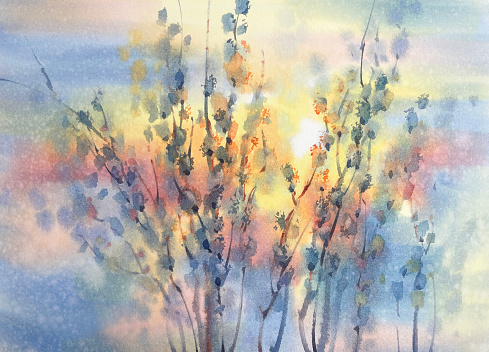 Pussy willow twigs in a blue and yellow watercolor background. Easter illustration