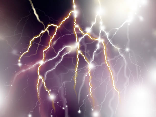 istock Lightning and flashes of electricity discharges on a dark purple background. 1464923519