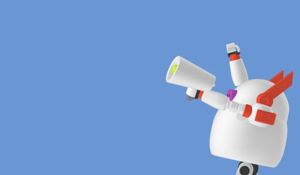 robot with megaphone hand on, announcing good news, such as product advertisements,on white background 3d illustration - announcement message robot public speaker message imagens e fotografias de stock