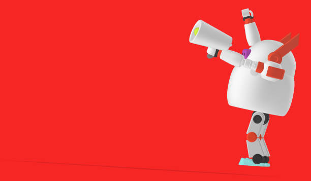 확성기 손을 가진 로봇, 흰색 배경 3d 그림에 제품 광고와 같은 좋은 소식을 발표 - announcement message robot public speaker message 뉴스 사진 이미지