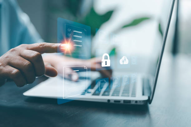 istock Concept of online document management technology. Businesspeople manage corporate databases through cloud, cyberspace technology and large, paperless archives of important, file and online storage. 1464926584