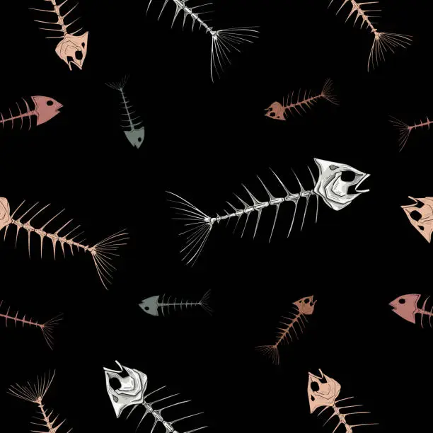 Vector illustration of Pattern of fish skeletons on a black background