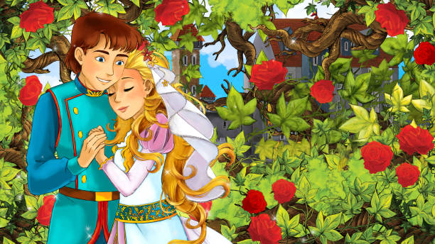мультяшный эскиз сцены с принцем и принцессой в саду - иллюстрация - wedding medieval king bride stock illustrations