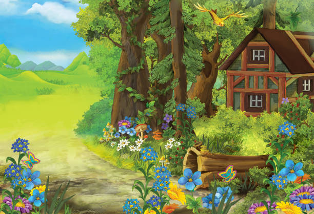 illustrations, cliparts, dessins animés et icônes de dessin animé scène d’été avec prairie dans la forêt et illustration de maison en bois cachée pour enfants - nobody tranquil scene nature park