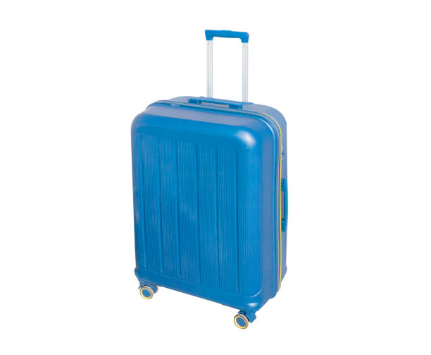 istock Front view of blue suitcase with long telescopic handle isolated on white background. Suitcase isolated. Blue fashionable travel suitcase. Travel luggage 1464932066