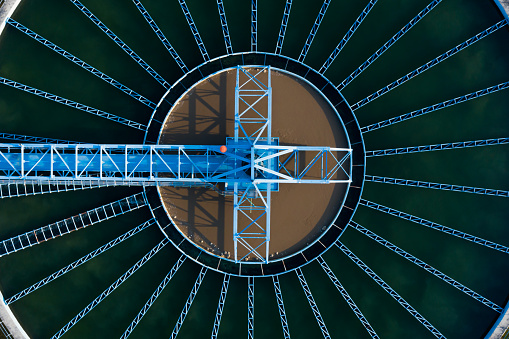 Aerial View of Drinking water treatment plant. Microbiology of drinking water production and distribution, water treatment plant. Microbiology of drinking water production and distribution concept