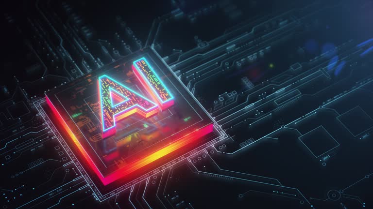 Artificial Intelligence processor unit. Powerful Quantum AI component on PCB motherboard with data transfers.