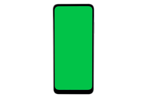 istock Smartphone with blank screen mock up. Smartphone  isolated green screen with chroma key. Green screen with copy space isolated on white background. Empty space for text. 1464934343