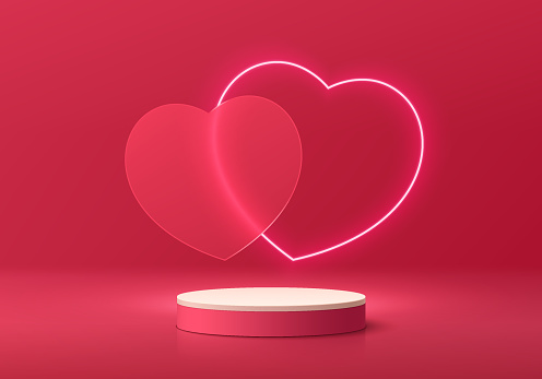 Valentine 3D red background with realistic pink cylinder pedestal podium, glowing neon light heart shape. Minimal wall scene mockup product display. Abstract geometric platforms. Round stage showcase.