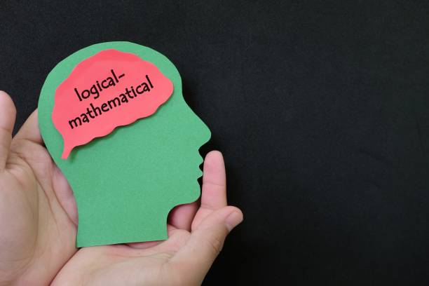 istock Logical mathematical intelligence in psychology concept. Hand holding human head profile with word text on brain. 1464935712