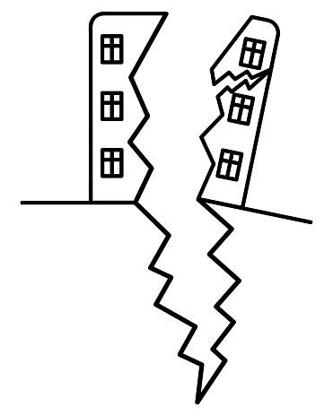 The skyscraper is split into several parts. Part of the house began to collapse and fall. Sketch. There were cracks along the facade due to earthquake tremors. Vector illustration. Outline on isolated background. Natural disaster.