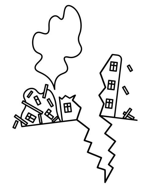 The residential building is collapsing. Structures fly in different directions. The dust has risen. The residential building began to collapse and fall. Sketch. Structures fly in different directions. A column of dust rose. The crack on the building was formed due to the tremors of the earthquake. Vector illustration. Outline on isolated background. Natural disaster. drawing of the destroyed city stock illustrations