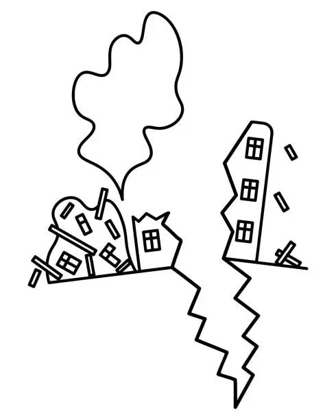 Vector illustration of The residential building is collapsing. Structures fly in different directions. The dust has risen.