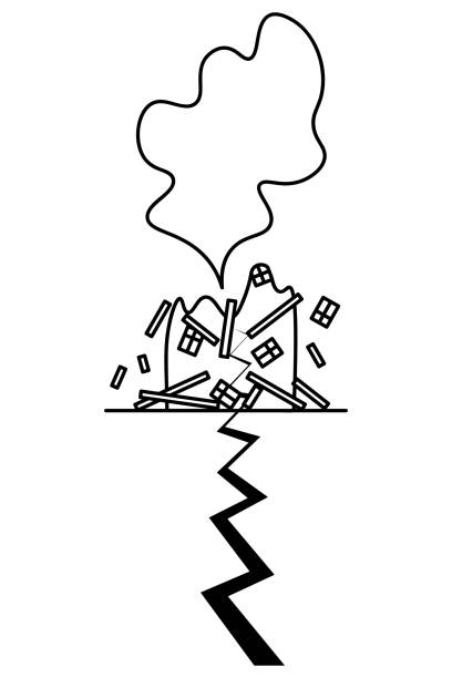 The skyscraper collapsed due to the tremors of the earthquake. Dust has risen. Sketch. The skyscraper collapsed due to the tremors of the earthquake. Dust has risen. Building structures fly in different directions. Sketch. Vector illustration. The crack is on the ground. Outline on isolated background. Natural disaster. drawing of the destroyed city stock illustrations