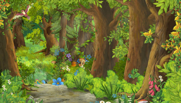 istock cartoon summer scene with path in the forest - nobody on scene - illustration for children 1464935751