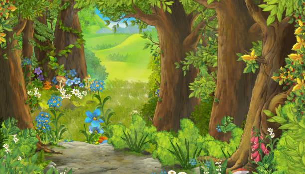 istock cartoon summer scene with path in the forest - nobody on scene - illustration for children 1464935788