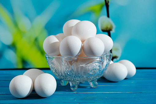 Chicken eggs and a flower in a pot against the blue sky on the window. Easter. High quality photo