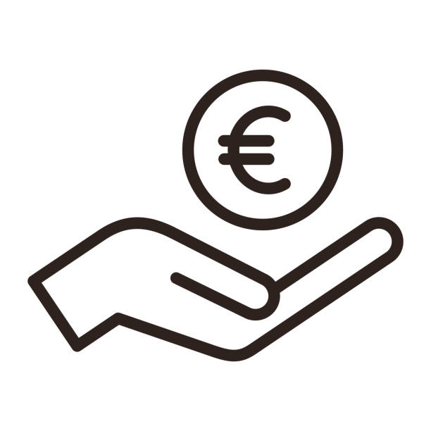 Hand holding euro, save money icon, salary money, invest finance symbol Hand holding euro, save money icon, salary money, invest finance isolated on white background european union currency stock illustrations