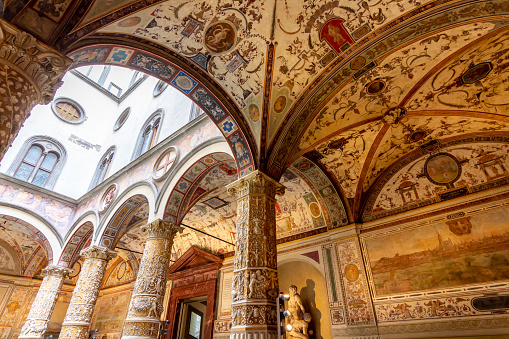 Florence, Italy - October 2022: Interiors of Loggia dei Lanzi museum on Signoria square