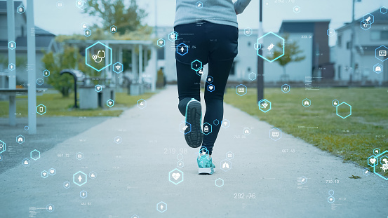Runner and medical icons. Health care technology. Sports tech.