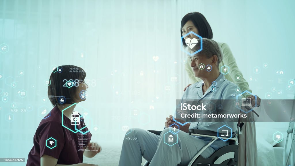 Medical technology concept. Essential worker and patient. Rehabilitation. Artificial Intelligence Stock Photo